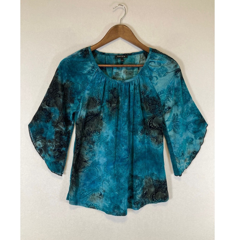 Boho Whimsigoth Sami & Jo Womens Small Teal Black Floral Burnout Bell Sleeve Top